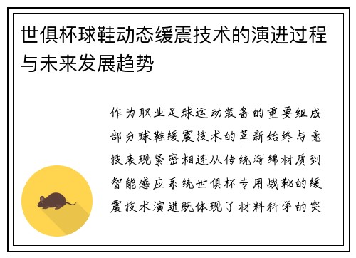世俱杯球鞋动态缓震技术的演进过程与未来发展趋势